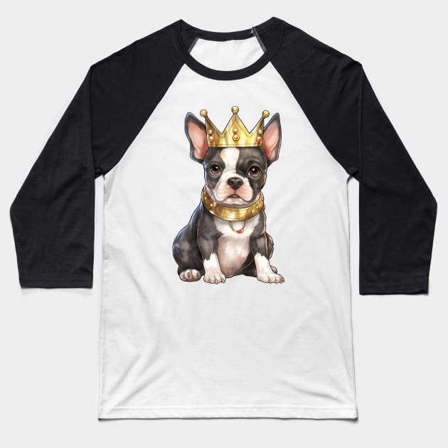 Watercolor Boston Terrier Dog Wearing a Crown Baseball T-Shirt by Chromatic Fusion Studio